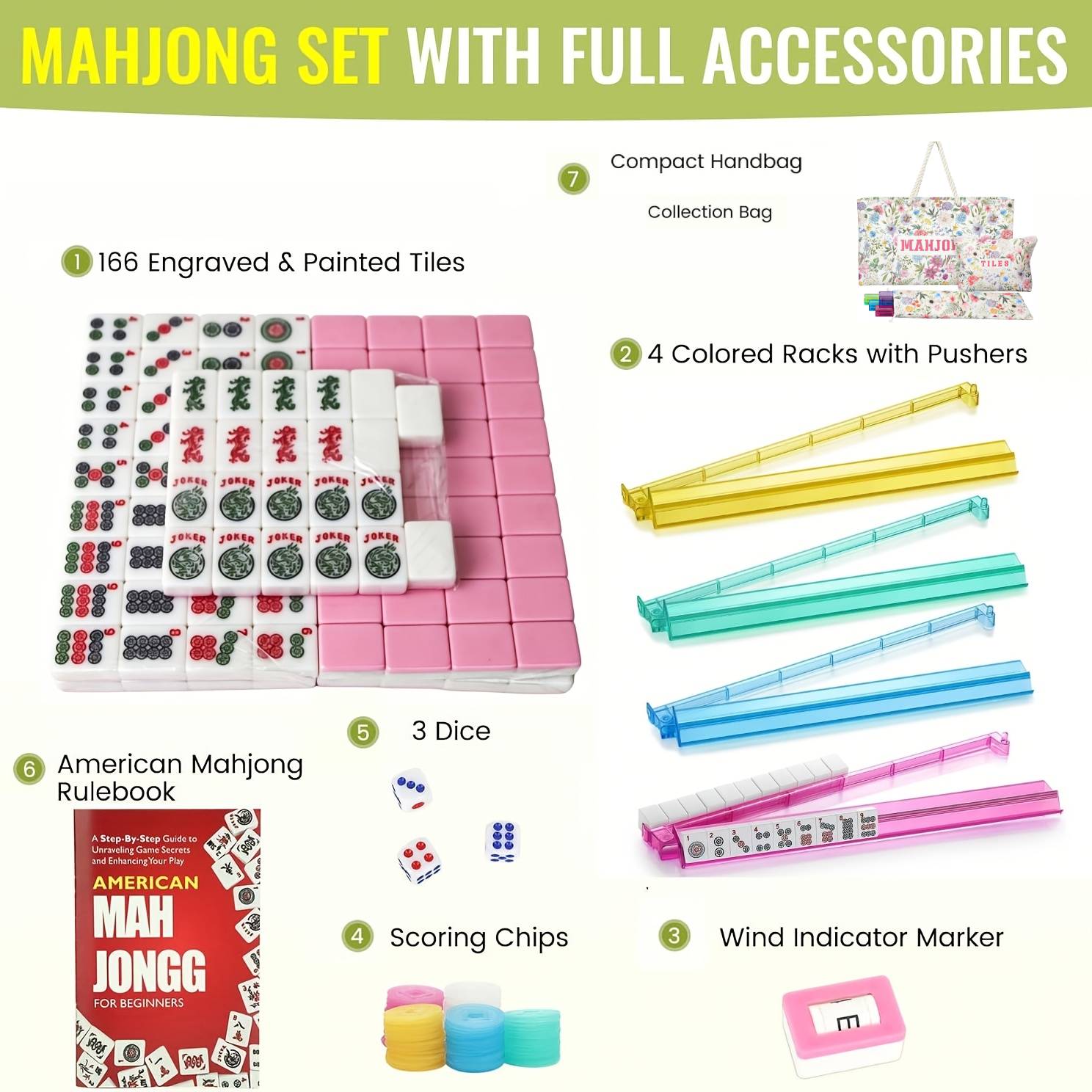 American Mahjong Tile Set,166 White Tiles Mahjong Set,4 Colors Mahjong Racks,Travel Mahjong Set with Carrying Bag