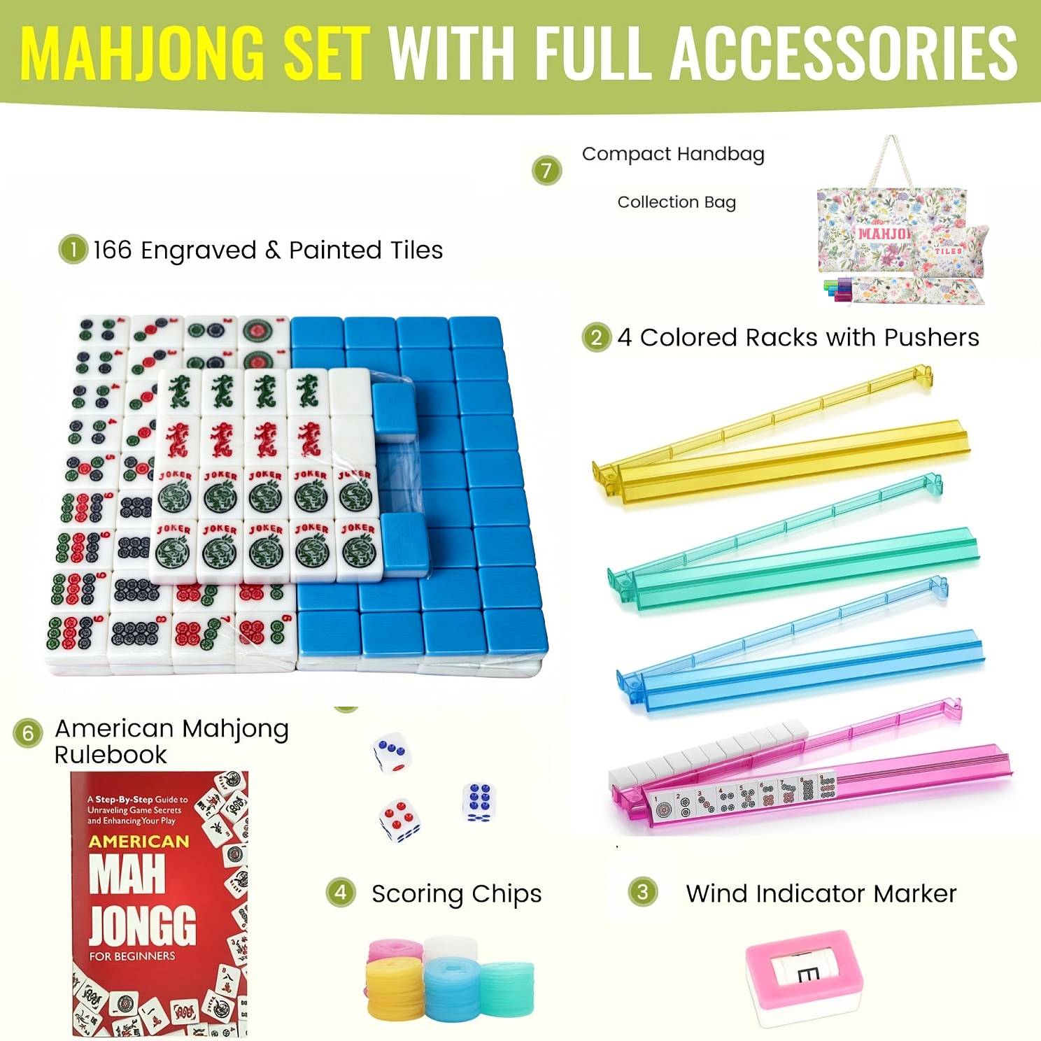 American Mahjong Tile Set,166 White Tiles Mahjong Set,4 Colors Mahjong Racks,Travel Mahjong Set with Carrying Bag