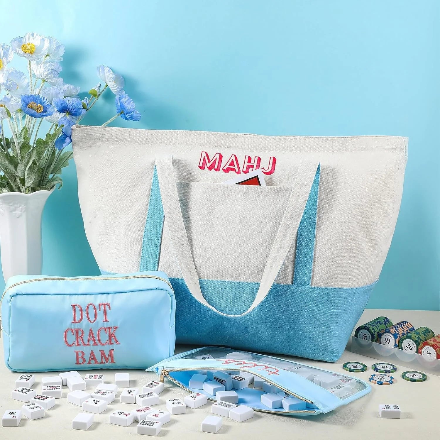 Blue/Beige Polyester Mahjong Storage Bag Set