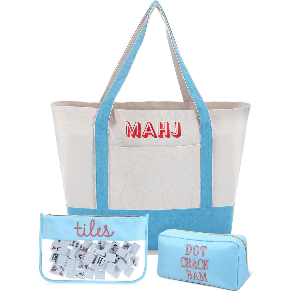 Blue/Beige Polyester Mahjong Storage Bag Set